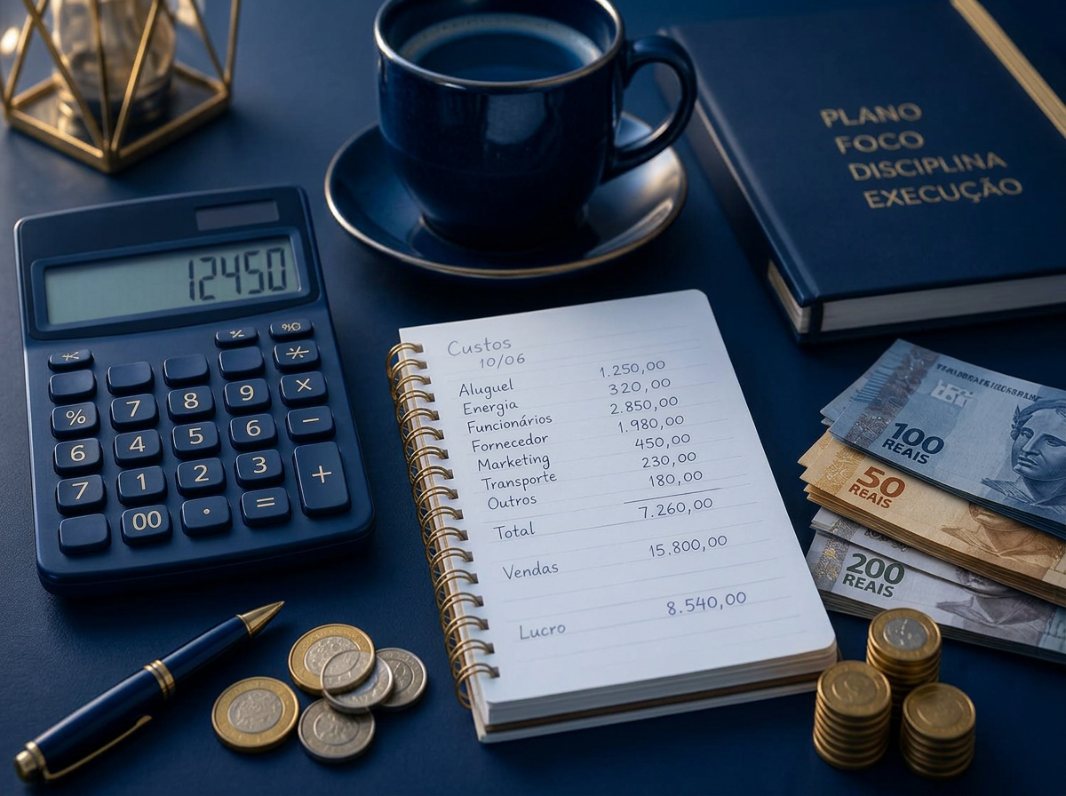 Mesa em tons de azul-marinho e dourado com calculadora, caderno de custos, moedas e notas