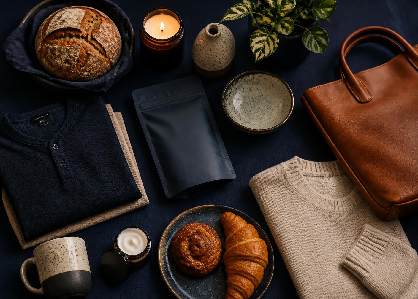 Mix de produtos de categorias diferentes: pães, roupas, cerâmica, cosméticos e acessórios