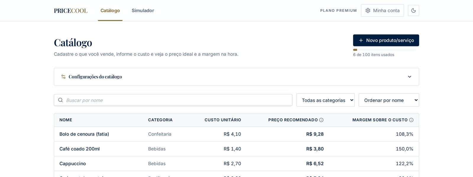 Todo o portfólio com preço e margem na mesma tela